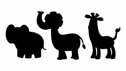 Fototapeta premium Cute silhouette set of three doodle animals elephant llama and giraffe standing together on white background kids' educational material playful learning animal shapes