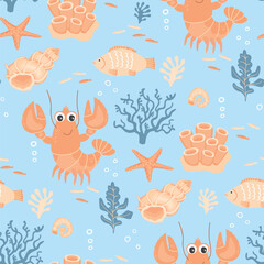 Obraz premium Seascape seamless pattern with cute lobster, starfish, fish, corals and shells. Cartoon underwater inhabitants on blue background. Print on fabric and paper. Vector design for textile, wallpaper.
