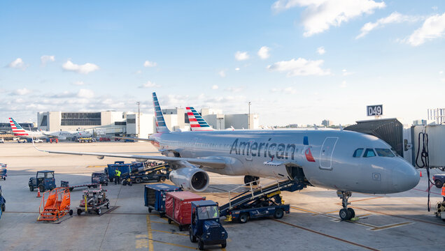 Los Angeles, California, USA - April 29, 2025: American airlines group plane departure in airport. Airport terminal. Plane arrival American airline. Departure and arrival at airport. American airline
