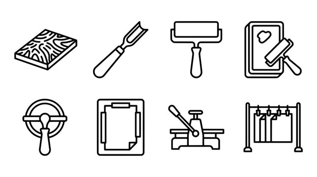 Printmaking tools illustration engraving roller press and paper in outlines