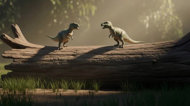 Two small dinosaurs interacting on a fallen tree trunk in a prehistoric forest. Wild animals exploring nature during the Jurassic period. Life before time concept.