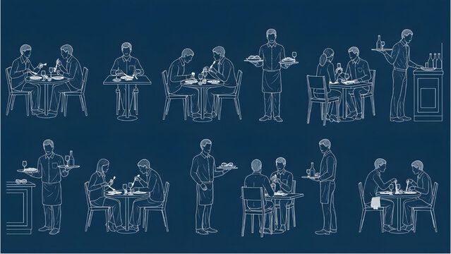 Restaurant CAD Human Figures &ndash; 10 Seated Dining and Waiter Poses, Technical Blueprint Line Drawing