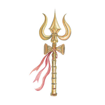 Watercolor illustration inspired by Hindu spirituality and yoga, featuring the deity Shiva in meditation and as Nataraja (cosmic dancer), the Om symbol, and sacred objects such as mala beads, trident 