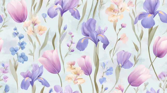Seamless pattern of pastel watercolor irises, tulips and freesia flowers on soft light background, elegant airy botanical design with gentle spring palette