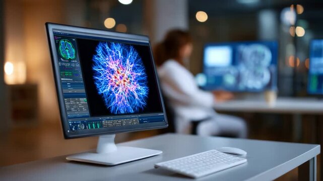 High-Tech Medical Visualization: Advanced Neuroimaging Displaying Complex Brain Activity Patterns in a Modern Research Environment
