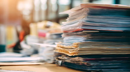 Towering stack of messy documents and paperwork on a desk in an office setting, highlighting organization challenge and workload chaos