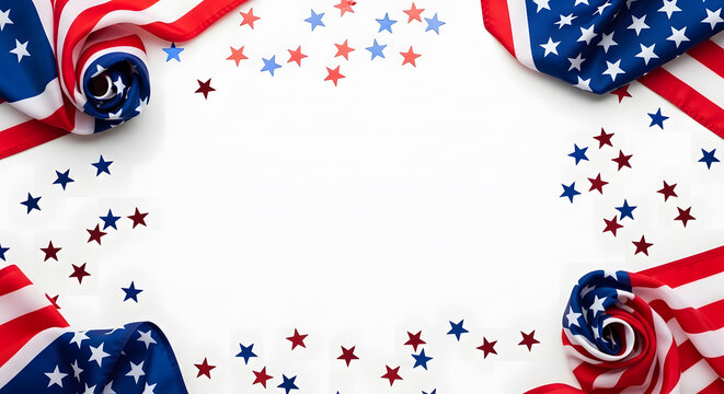 Flat Lay Patriotic Frame with Draped American Flag and Red White and Blue Star Confetti on White Background