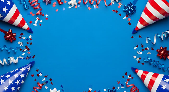 Fourth of July Party Background with American Flag Birthday Hats Confetti and Ribbons on Blue Backdrop