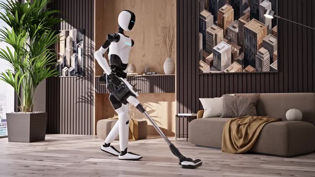 AI-powered humanoid robot cleanimg apartment, vacuuming a modern living room. Advanced household automation and AI housekeeping assistant. Future smart home technology. 3d animation rendering
