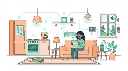 Fototapeta premium Smart home automation concept illustration, woman controlling connected appliances with tablet, modern internet of things domestic lifestyle scene