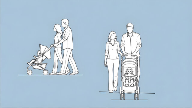Parents with Stroller and Child Human Scale Figures &ndash; AutoCAD Blueprint Architectural Entourage Technical Diagram Style