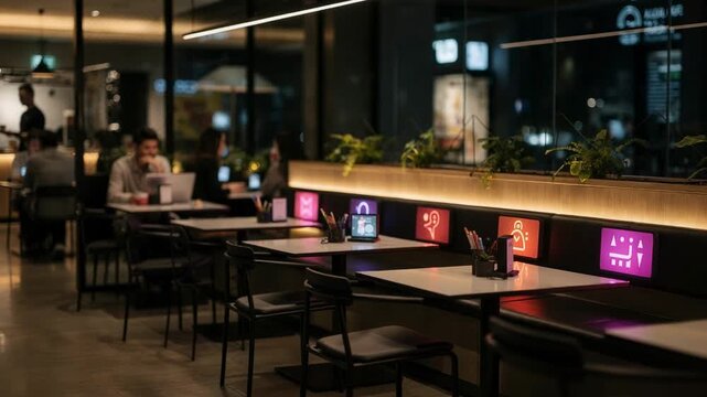Focused view of a modern cafe zone illuminated by smart table lights blurred patrons in the background emphasizing sensordriven seating status indicators.