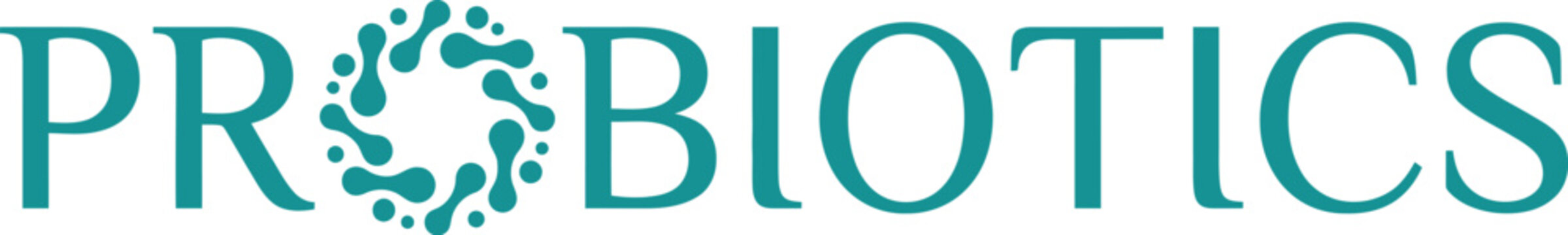A teal colored logo displaying the word PROBIOTICS, with the letter 'O' stylized as a circular arrangement of interconnected dots, suggesting a microscopic or cellular theme.