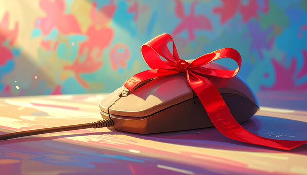 Light brown computer mouse with red ribbon bow on a patterned surface