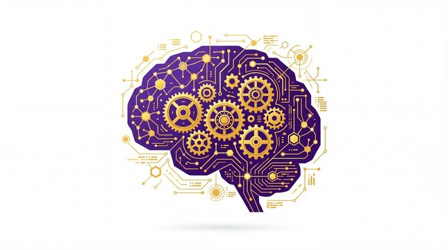 Artificial intelligence brain concept with gold gears and circuit board lines, human mind technology illustration, purple and gold neural network