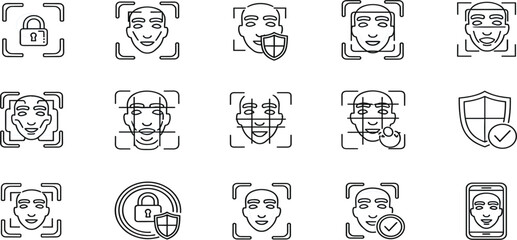 Fototapeta premium Facial Recognition and Biometric Security Line Icon Set with Face Scan, Identity Verification, Data Protection and Digital Authentication Symbols
