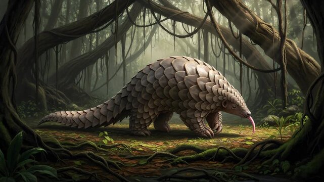 Pangolin walking in dense prehistoric jungle. Armored mammal with long tongue exploring ancient forest environment. Wildlife nature documentary footage in rainforest.