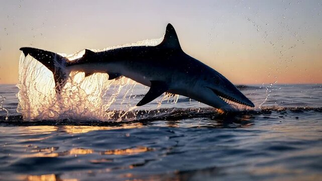 Prehistoric mosasaur jumping out of the ocean at sunset. Ancient aquatic reptile breaching water surface. Marine life of the Jurassic epoch in nature scenario.