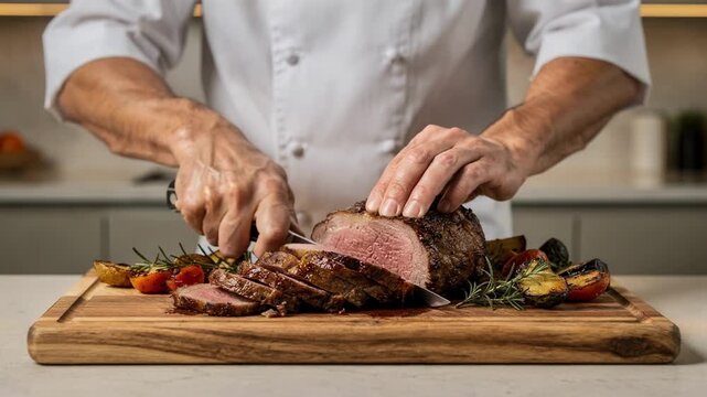 Medium shot of a chef expertly carving a main course for an exclusive home celebration details sharp on the food and hands kitchen softly out of focus.