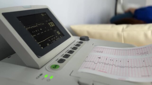 Cardiotocography machine printing the fetal heart rate and uterine contractions during a routine check-up, with a pregnant woman patient resting on a bed in the background