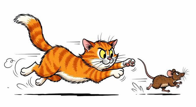 Dynamic Cat Chasing Mouse Action Illustration Isolated on White
