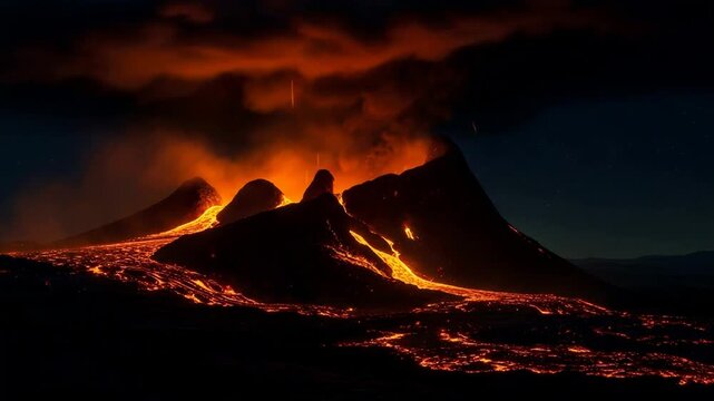 Volcano erupting with molten lava flowing down mountain slope during night. Prehistoric landscape scene depicting continental tectonic activity and earth creation.