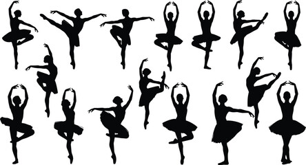 Collection of sixteen ballet dancer silhouettes in classical poses including arabesques, pirouettes, and relevés, showcasing elegance, precision, artistry, and expressive movement  © Itz Majbahuil Here