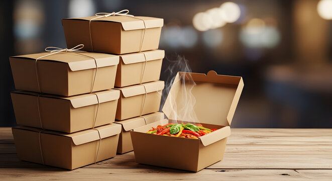 Top view of takeaway food boxes arranged with clean copy space, ideal for food delivery apps, restaurant promotions, and online ordering campaigns.