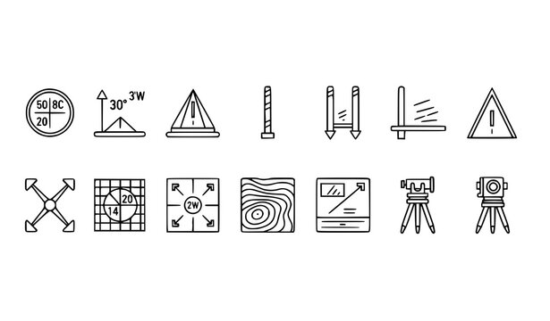 Geodetic survey line icons horizontal set coordinate elevation topography theodolite vector illustration isolated on white