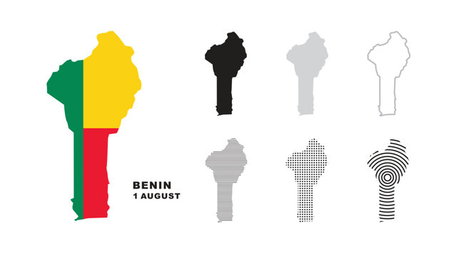 Set of isolated benin maps. benin flag overlaid with flag proportions. Maps and traveling around the world