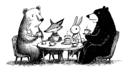 Naklejka premium Woodland Animals Gather for a Tea Party With a Bear, Fox, Rabbit, and Hedgehog Seated at a Small Table Enjoying Teacups and Cakes