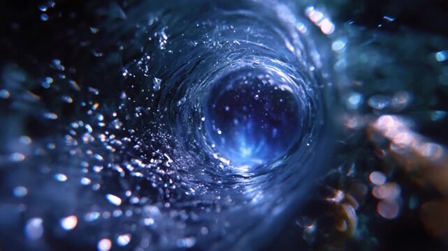 Captivating View of a Swirling Water Vortex with Glimmering Light Reflections and a Mysterious Deep Space Background in a Fluid Motion Setting