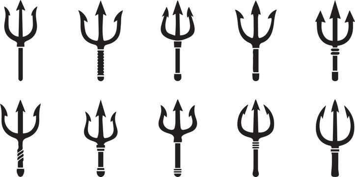 Trident icons, black tridents set, vector pitchforks, devil fork symbols