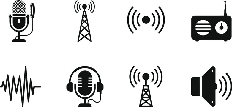 Radio communication icon set for sound and broadcasting symbols