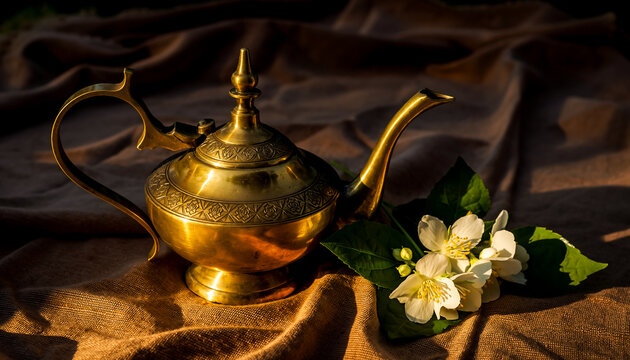 Couture Antique Still Life Featuring a Curved Spout Brass Jug and Soft Petals