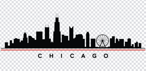 Fototapeta premium Vector illustration chicago city skyline with ferris wheel and red line silhouette