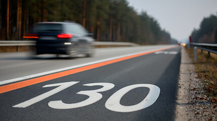 Obraz premium Road Perspective with Car Motion Blur Along Highway Lane with Speed Limit Marking and Forest Backdrop, Transport Concept