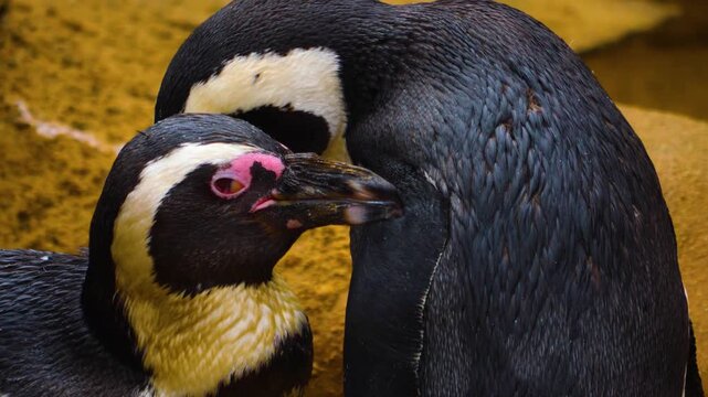 closeup of two jackass or Humboldt south African penguins Spheniscus demersus grooming each others feather.