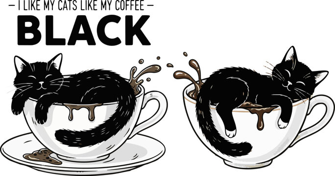 Black cat coffee, cute cat vector, coffee cup illustration, feline design