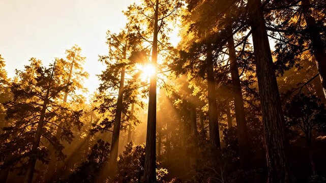 Sunlight filtering through tall forest trees