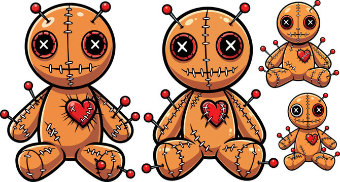 Voodoo dolls, cartoon voodoo dolls, stitched heart, vector illustration, occult symbols