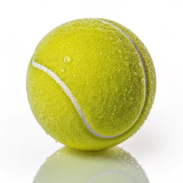 Shiny tennis ball isolated on white background slightly glossy fuzz clean look professional studio lighting.