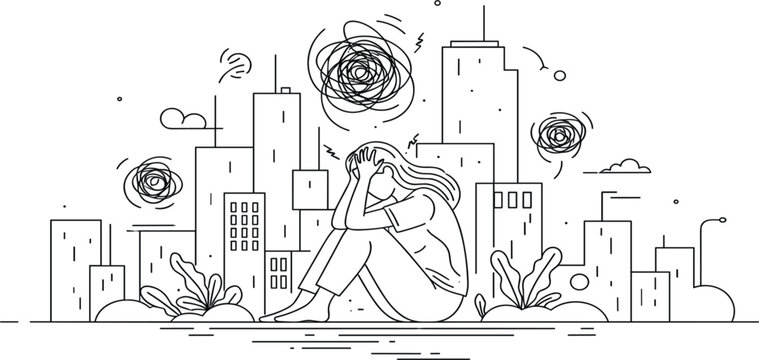 Mental Health Anxiety Illustration with Sad Woman Sitting in Urban City, Stress, Depression, Emotional Struggle and Psychological Awareness Concept Line Art