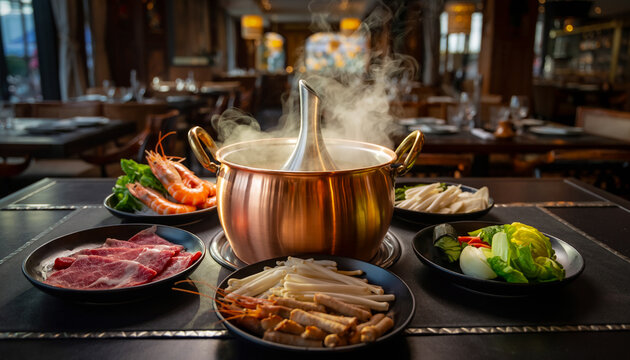 Couture Oriental Dining Scene Featuring Glistening Copperware and Subtle Steam