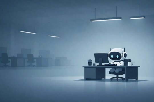 A lone robot at the office desk, embodying AI automation replacing human workers