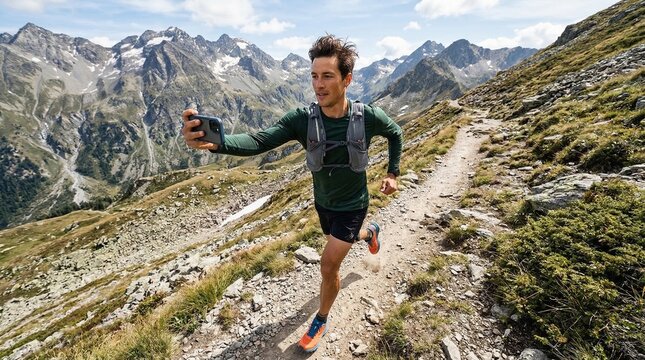 Man trail runner taking selfie while running on mountain path. Athlete filming video content during outdoor high altitude jogging. Active lifestyle, fitness, adventure and travel concept.