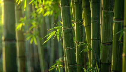 Obraz premium Lush green bamboo stalks bathed in warm golden sunlight creating a serene natural backdrop