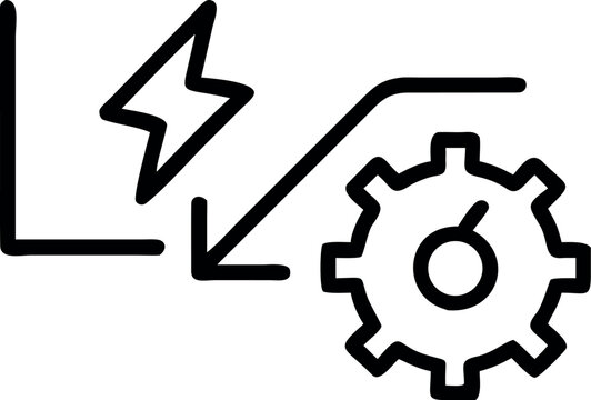 A black line drawing of a lightning bolt and gear with clock hands on a with lines and arrows forming a shape