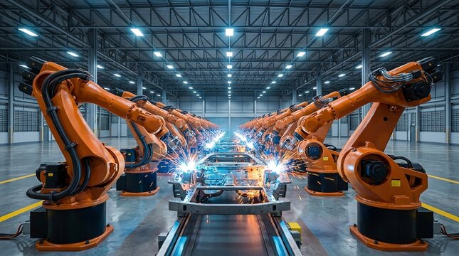 Multiple orange industrial robotic arms working in dramatic dark blue factory, automated manufacturing concept