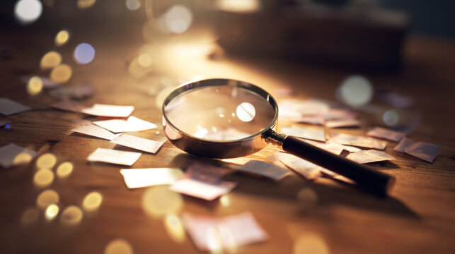 Magnifying glass resting on a wooden desk with scattered paper pieces, symbolizing investigation and careful analysis